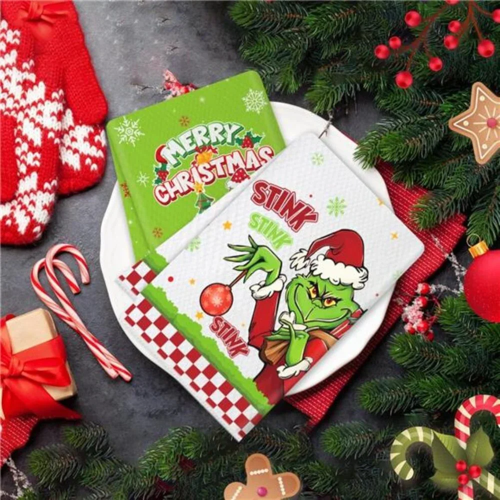 Set of 2 Grinchmas Christmas Kitchen Towels, Waffle Weave Absorbent‎ Hand Towels
